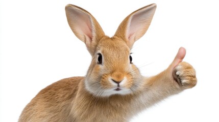 Fototapeta premium A charming rabbit shows a thumbs up with its paw, embodying humor and cheerfulness. Its playful expression radiates personality and warmth, inviting smiles from everyone around