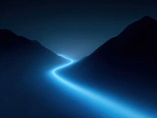 Glowing blue path cutting through dark mountain silhouette at night with misty atmosphere and mysterious mood