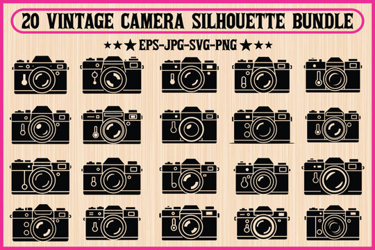 Collection of twenty vintage camera silhouettes for graphic design projects Vector