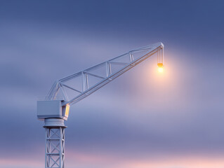 Industrial crane arm with glowing light at dusk against cloudy sky, conveying calm and quiet atmosphere