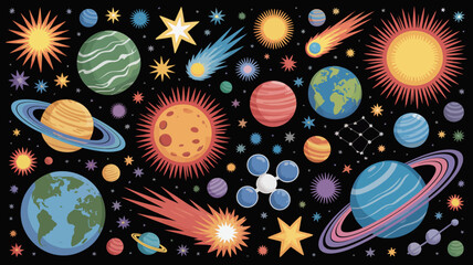 A colorful illustrative depiction showcases various celestial bodies including planets stars comets and a molecular structure against a dark backdrop high quality professional detailed modern elegant © MdRafiqul