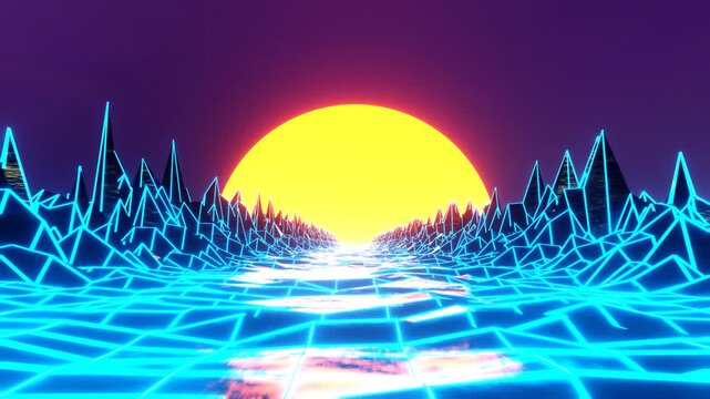 3D Abstract neon wave grid flowing lines futuristic tech motion loop. Seamless loop for music festivals, DJ sets, nightclub visuals, meditation apps, live performances. 4K quality