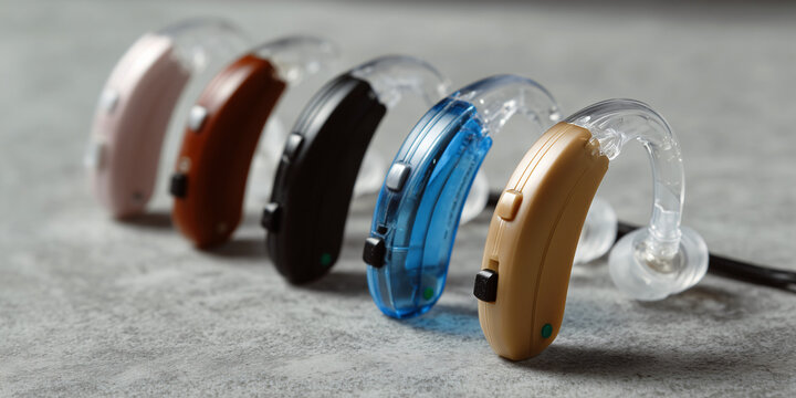 A row of five various colored hearing aids, offering a modern technological solution to auditory assistance