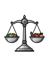 Balanced scale with fresh produce on both sides illustrating equilibrium.