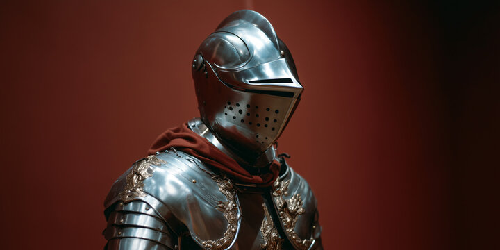 A detailed shot of shining medieval knight armor displayed against a simple red backdrop. The intricate details of the armor show craftsmanship and history. 