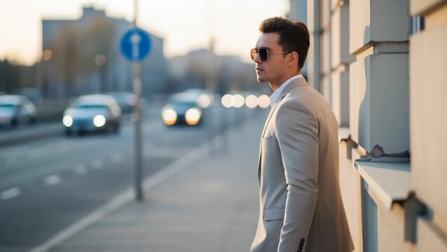 Stylish Man in a Suit Walking Confidently Down a City Street at Sunset, Casual Business Style