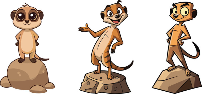 Set of three cute cartoon meerkat characters standing on rocks in various poses, funny wild animal mascot illustration for kids, isolated on white background.