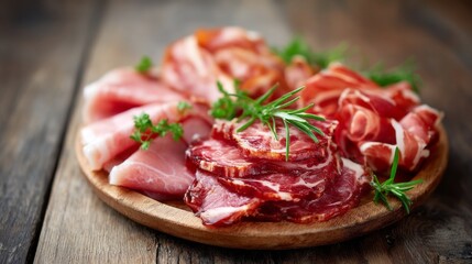 Fototapeta premium A beautiful charcuterie board is elegantly arranged with a variety of cured meats, complemented by fresh herbs. The rustic wooden table adds warmth to this inviting spread, perfect for gatherings