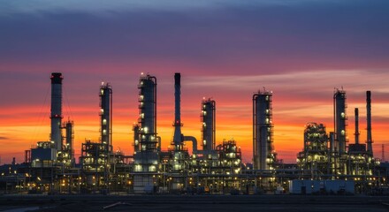 Fototapeta premium Oil refinery plant with glowing lights at dusk against a colorful orange and purple sky. Energy industry, petroleum production concept.