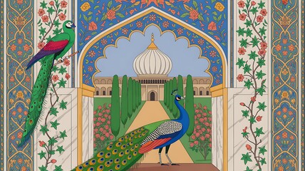 Mughal-style illustration garden. Two vibrant peacocks stand in front of ornate arch. Blooming lotus flowers decorate scenery. Intricate details, rich colors create elegant art, perfect wallpaper