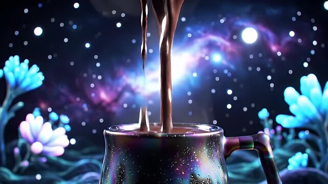 Hot chocolate being poured into a iridescent mug on an alien, galaxy landscape