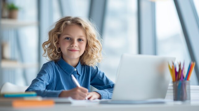 Smiling girl engaging in remote education or homeschooling using technology