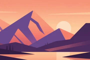 Fotobehang Warm Paars Sunset mountain landscape with angular peaks, warm gradient sky, calm water reflections, and pine tree silhouettes.  © HardTeam