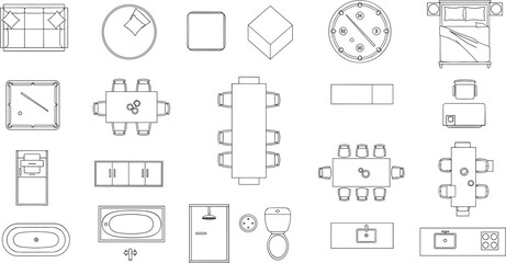 Furniture and bathroom top view floor plan set, bedroom kitchen dining layout pack, outline vector illustration, isolated background © Vexora Studio