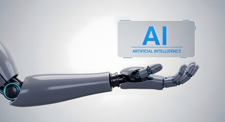 Robotic arm presenting AI artificial intelligence text, showcasing advanced technology and future concepts in science