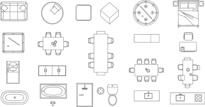 Furniture and bathroom top view floor plan set, bedroom kitchen dining layout pack, outline vector illustration, isolated background