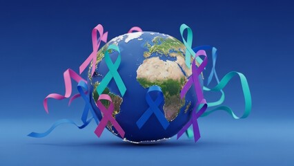 Naklejka premium Colorful awareness ribbons encircle a detailed Earth globe against a solid blue background, symbolizing global health initiatives.