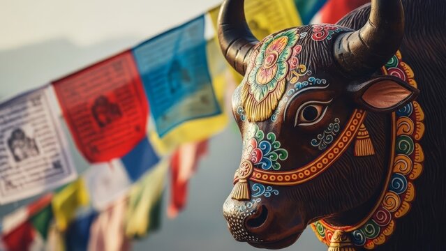 Decorated bull figurine in prayer flags background