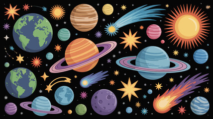 A colorful illustration depicts planets stars comets and celestial bodies scattered across a dark expansive space background high quality professional detailed modern elegant stylish clean crisp © Digishopppp