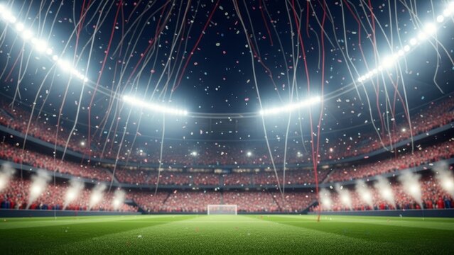 Celebratory confetti showers a packed soccer stadium under bright stadium lights during a nighttime match.