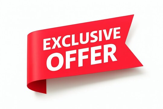 A red ribbon banner with the words exclusive offer in white text on a plain white background.