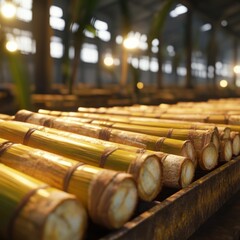 Fresh Sugarcane Stalks on Industrial Conveyor Belt