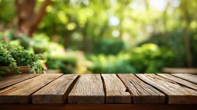 rustic wooden tabletop with blurred green garden nature background for product display, food mockups, spring and summer banners, website headers, and natural branding designs