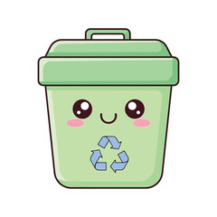 A cute cartoon recycling bin with a smiling face and recycling symbol is shown.