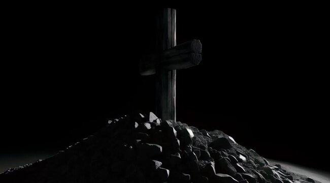Rustic wooden cross standing on a mound of dark stones against a black background with dramatic lighting, concept for religious memorial, christian faith and funeral service