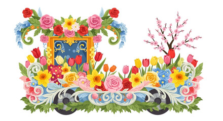 Obraz premium Vector illustration of a colorful floral parade float with spring flowers, decorations, and butterfly, set against a white background.