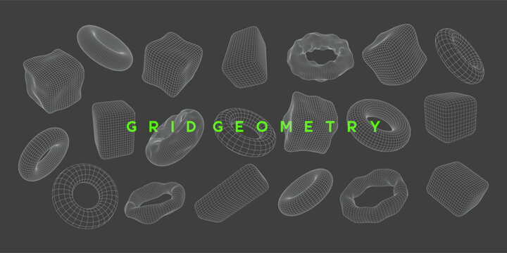 Set of distorted wireframe cube and torus shapes with organic, fluid mesh design. Mathematical mesh shapes for futuristic tech design, science and digital projects. Vector illustration.