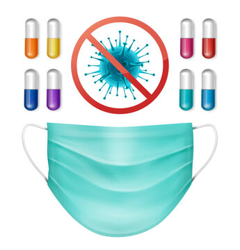 Medical Protection Vector Set with Face Mask, Virus Symbol and Colorful Capsules