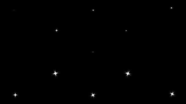 Twinkling stars animation, white cartoon blinking stars, flat vector doodle sparkle, glowing light trails, smooth blinking animations effect on black screen background. 4k video