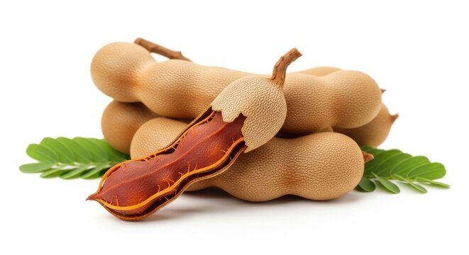 A vibrant display of fresh tamarind fruits with green leaves on a white background