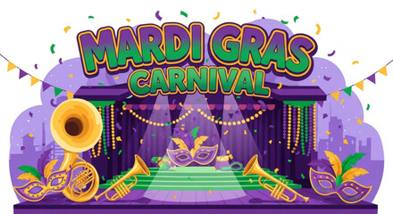 Mardi gras carnival stage with masks trumpets and confetti on purple background for party and celebration