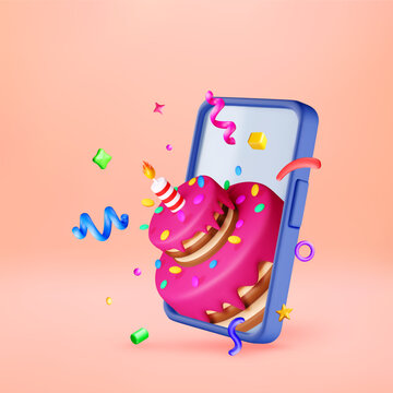 Birthday cake with candle popping out of a 3d smartphone screen. Online party invitation for New Year celebration. Festive digital greeting card. Vector illustration