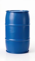Large blue plastic industrial barrel with metal locking lid and side handles, heavy duty storage drum isolated on white background