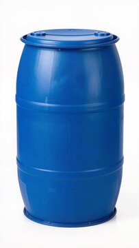Large blue plastic industrial barrel with metal locking lid and side handles, heavy duty storage drum isolated on white background