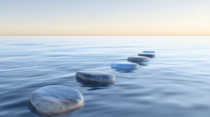 Smooth grey stones forming a peaceful and inviting path across tranquil blue water, extending towards a soft, clear sky on the distant horizon.