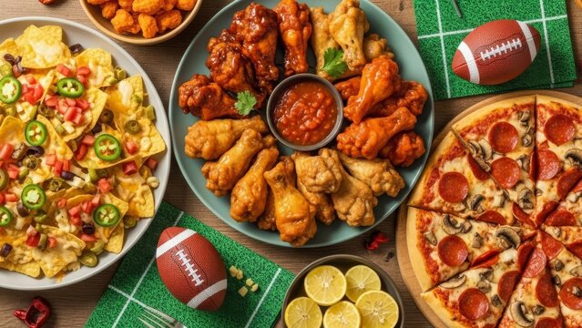 Football feast: Nachos, wings, pizza, and nuggets on a wooden table with football decor. Party food spread on a rustic table with football theme.