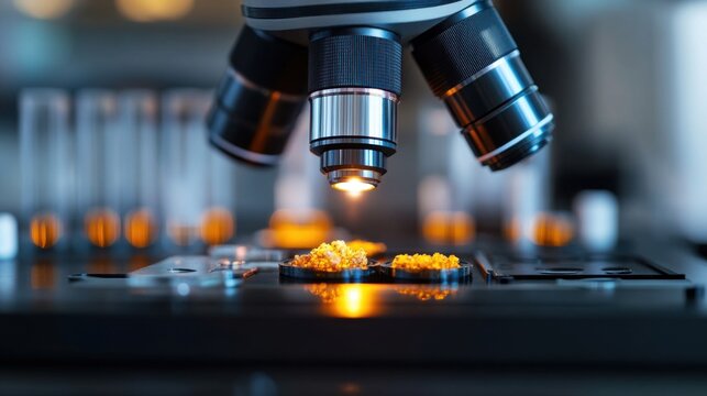 A scientific microscope meticulously revealing the intricate, detailed texture of vibrant yellow food particles under focused, bright illumination for in-depth analysis.