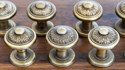Rows of gleaming, polished brass doorknobs with intricate ornate designs, beautifully displayed on a wooden surface, showcasing antique craftsmanship.