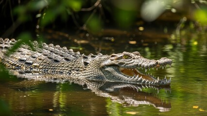 Obraz premium A large saltwater crocodile with its mouth open, submerged in murky green water, reflecting dappled sunlight among lush foliage. A wild reptilian predator in its natural habitat