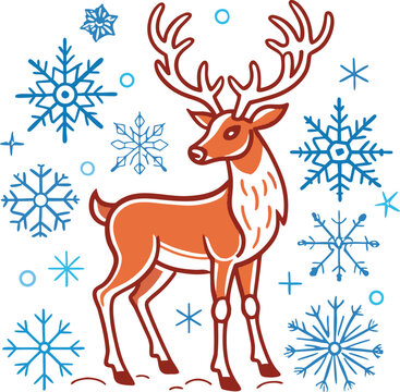 brown reindeer cartoon illustration with antlers standing in snowy background with blue snowflakes