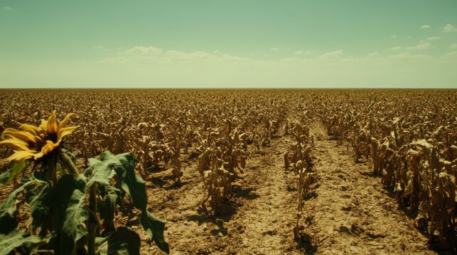 Vast fields of withered brown vegetation suffering from drought conditions, extending under a hazy sky, showcasing the severe impact of climate change.