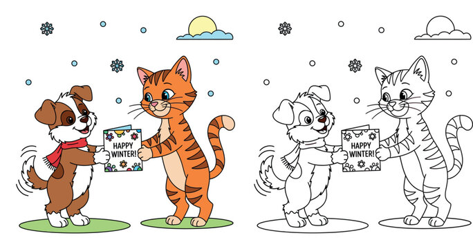 Cute cartoon dog and cat friends exchanging a Happy Winter greeting card together. Happy puppy
