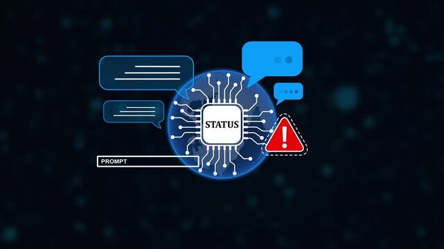 Futuristic technology background with computer chip circuit board central status display speech bubbles and alert warning sign cyber theme modern communication concept