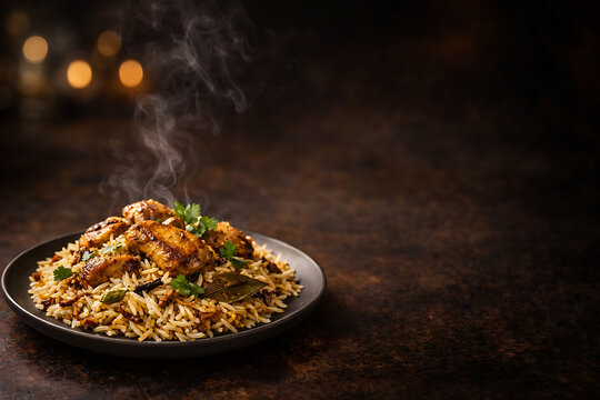 Chicken Biryani with Copy Space Right Side