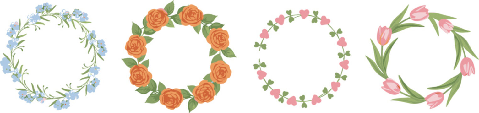 Set of four delicate circular floral wreaths with roses tulips and hearts in flat vector style,