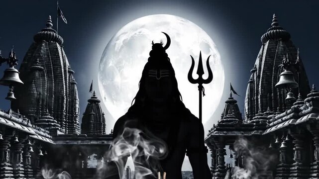Silhouette of Lord Shiva Meditation Scene with Full Moon and Ancient Temple Architecture at Night